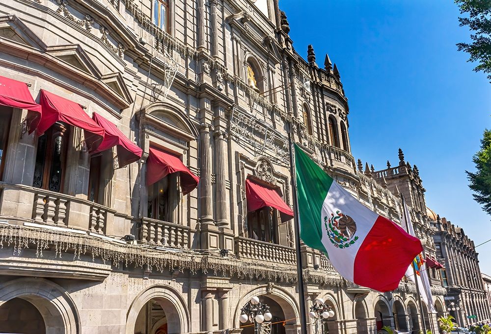 Mexican Flag Major Shopping Street Government Buildings Hotel Zocalo-Puebla-Mexico